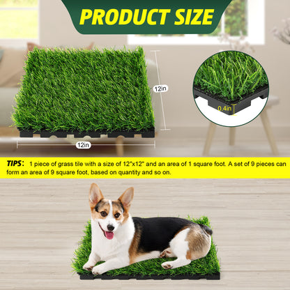 9 Pack 12" × 12" Artificial Grass Tiles - Self-Draining, Interlocking, and Easy to Install - Perfect for Patios, Balconies, Dogs, Pets, and Kids